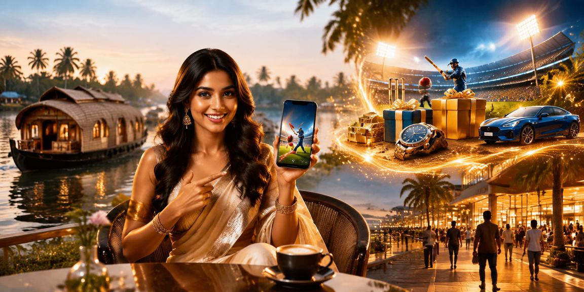 Cricket betting scene with Kerala backwaters at dawn